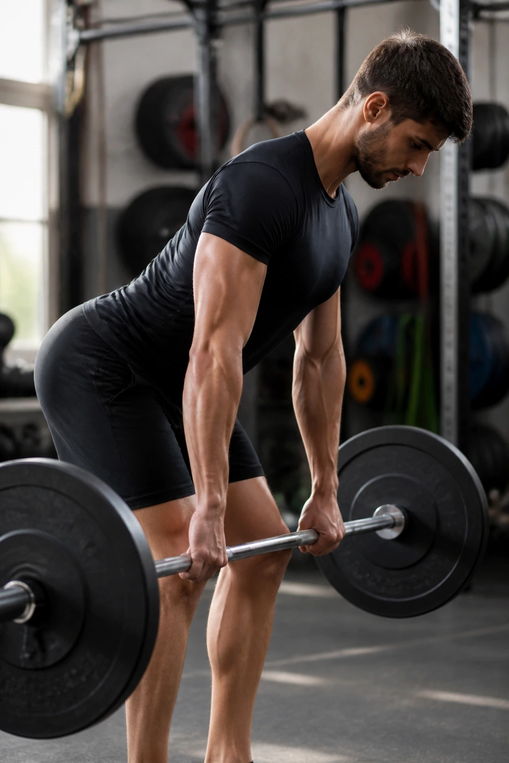 Close-up of a person performing Romanian Deadlift hip hinge with barbell