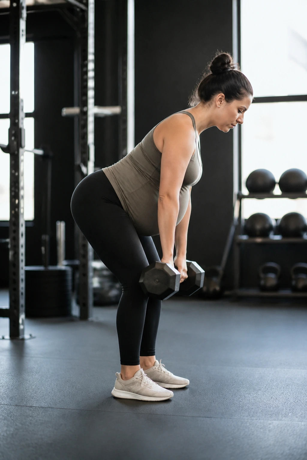 Pregnant woman performing dumbbell Romanian deadlifts