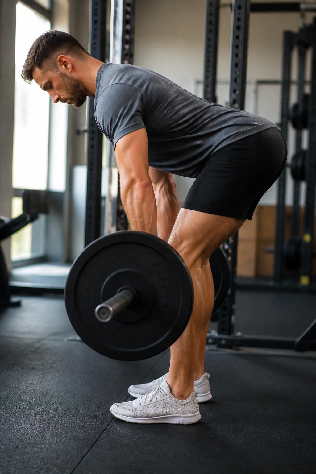 Midsection and barbell performing Romanian deadlift with hips back and back flat