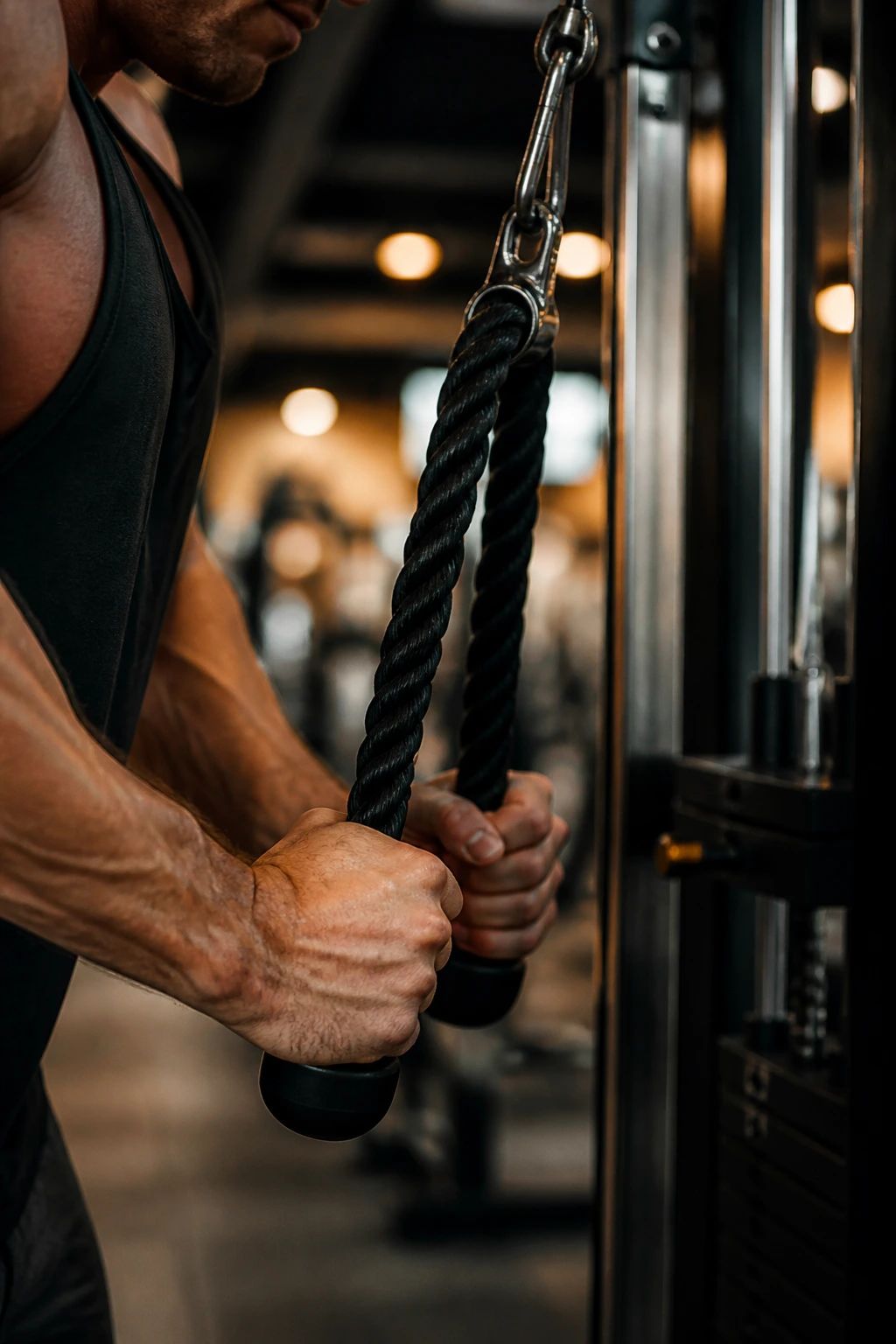 Close-up of arms gripping rope on cable station during rope pressdown drop set
