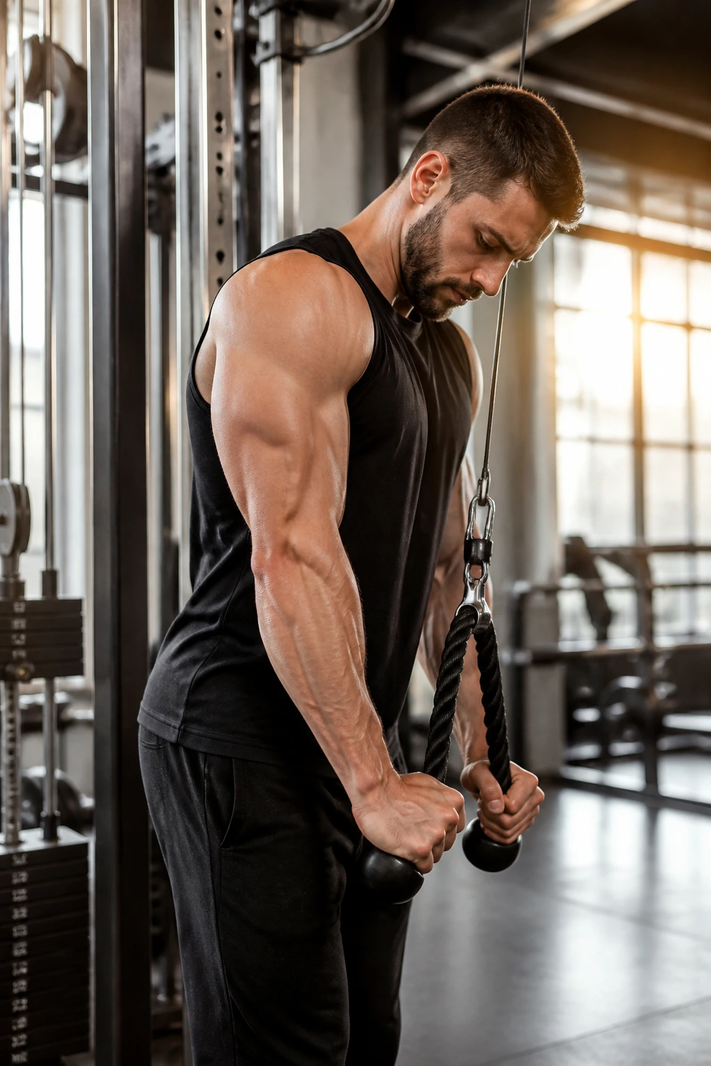 Person performing rope cable pressdowns with elbows tucked.