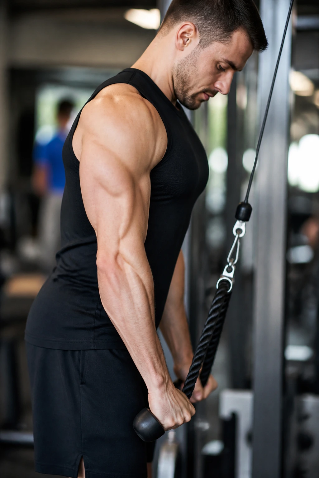 Close-up of a person performing rope cable pushdown with elbows at sides
