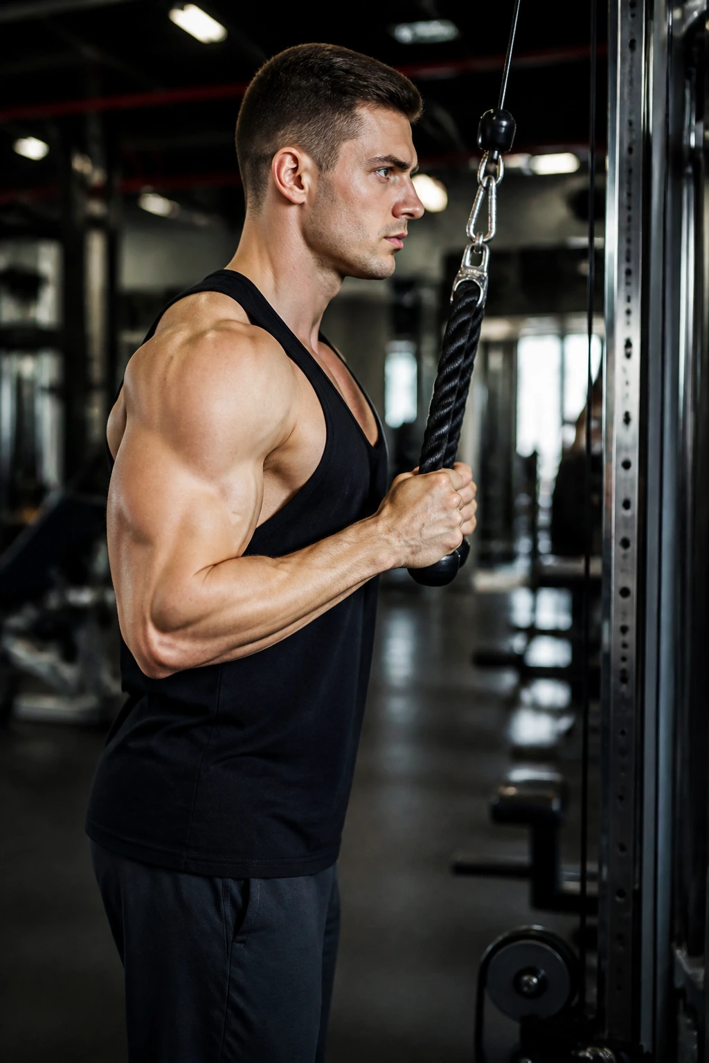 Person at cable station performing rope pushdown