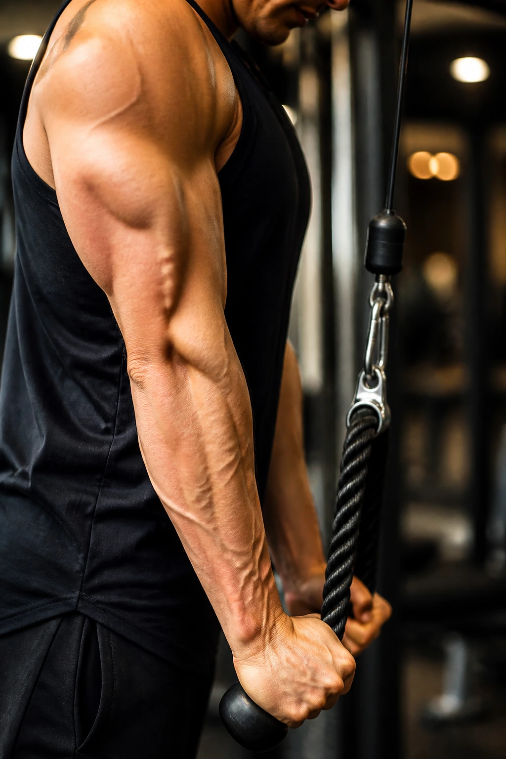 Close-up of arms performing rope pushdowns on a cable machine in a gym, elbows pinned to the sides