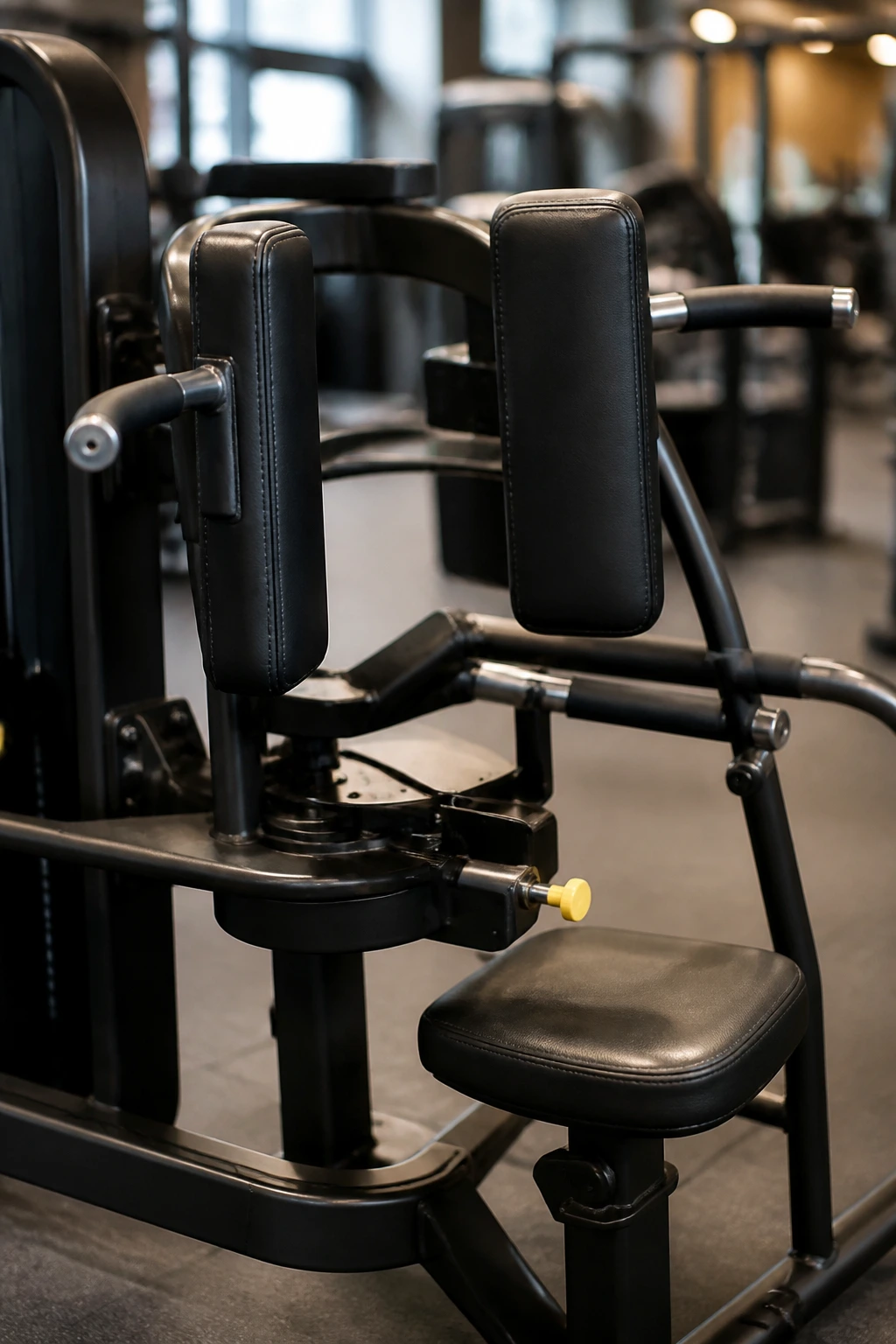 Close-up of rotary torso machine torso pads and rotation mechanism in a gym