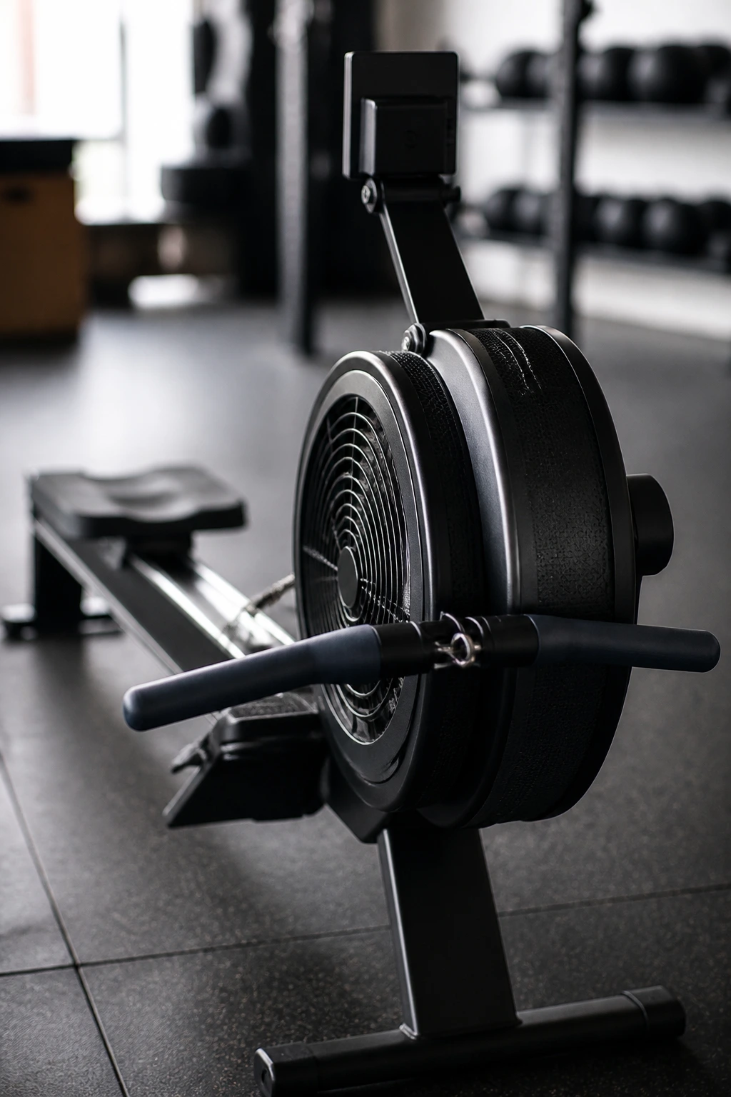 Close-up of a rowing machine in a gym, focusing on handle and flywheel
