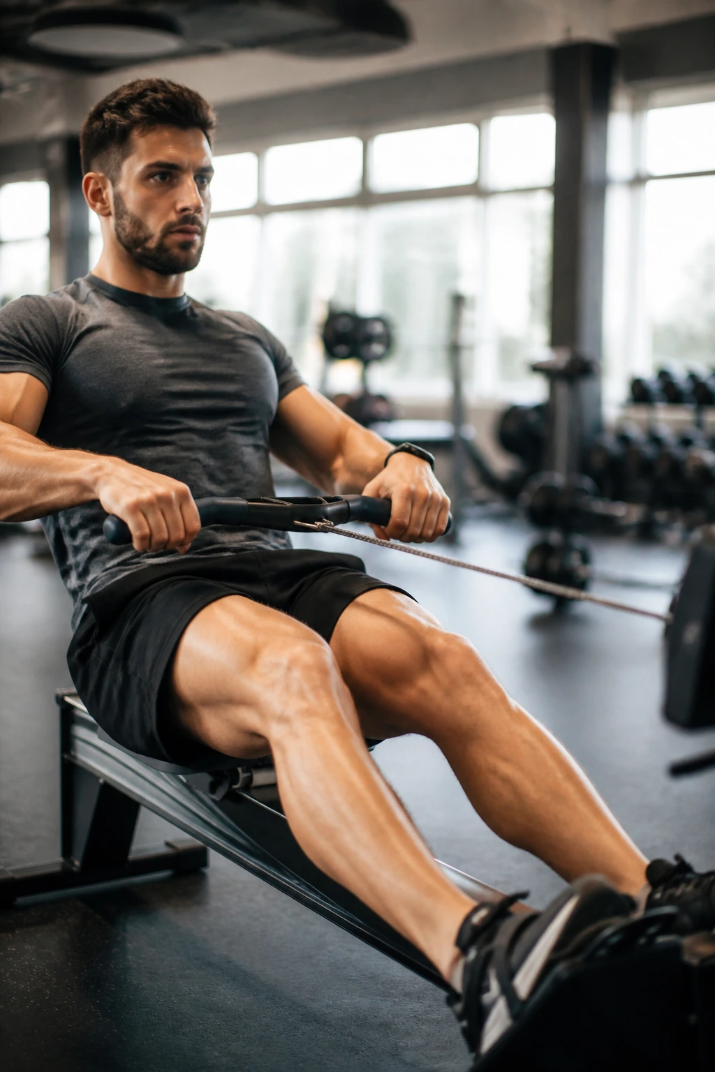 Medium close-up of a person rowing on a machine in a gym