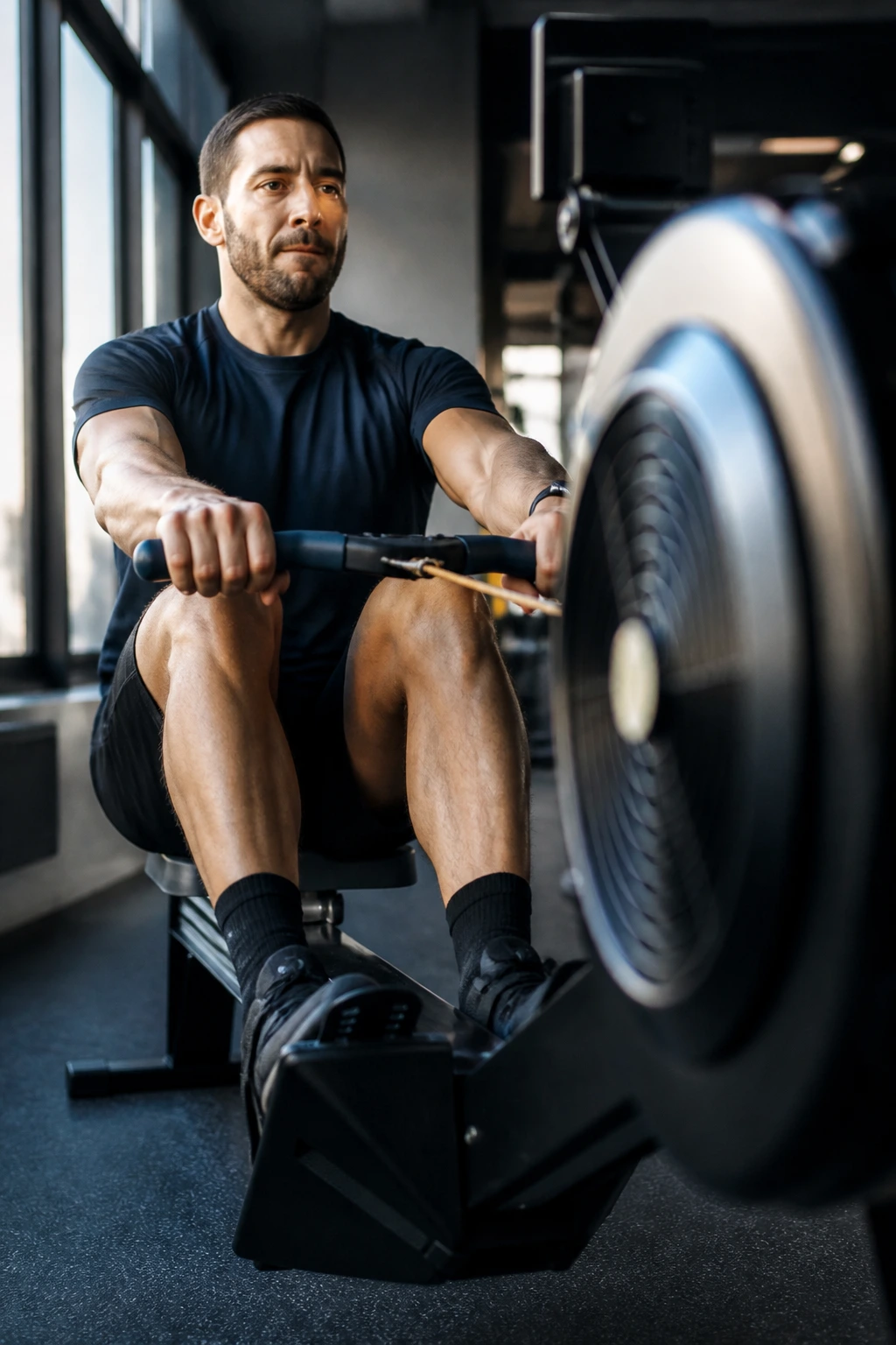 Person rowing with interval training on a rowing machine