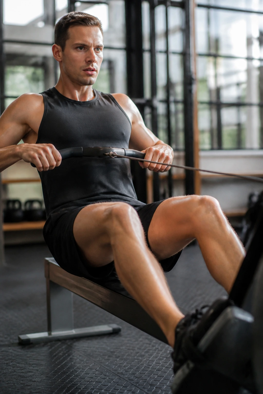 Person on a rowing machine performing intervals with strong leg drive and back engagement