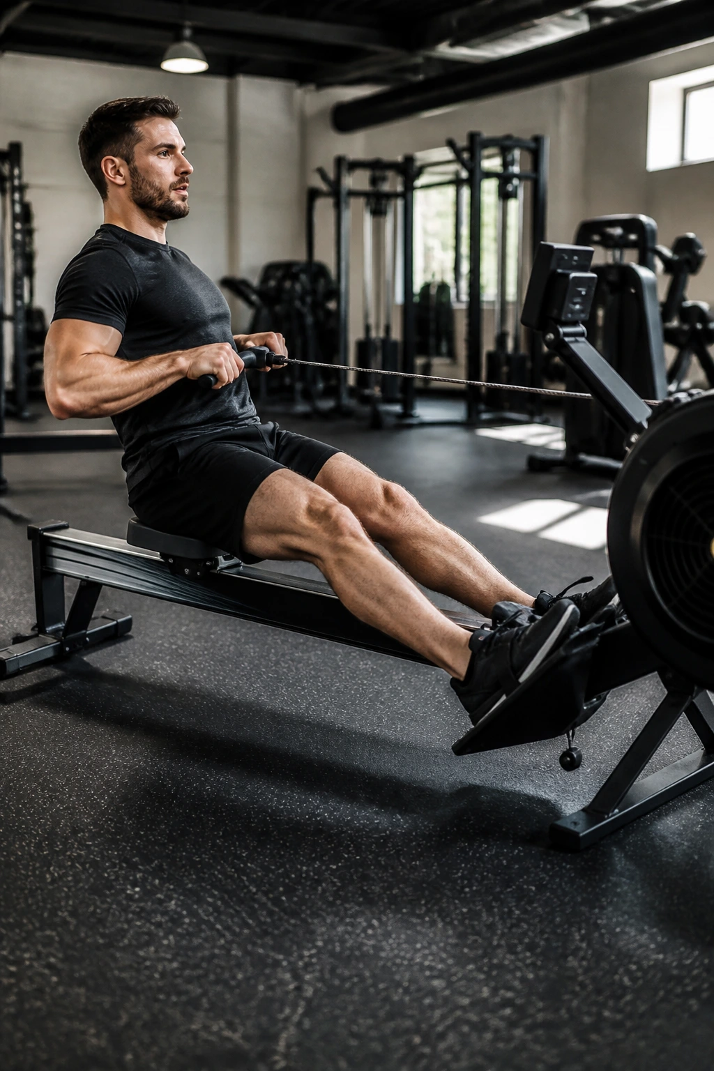 Real person rowing on a machine, mid-stroke with strong leg drive.