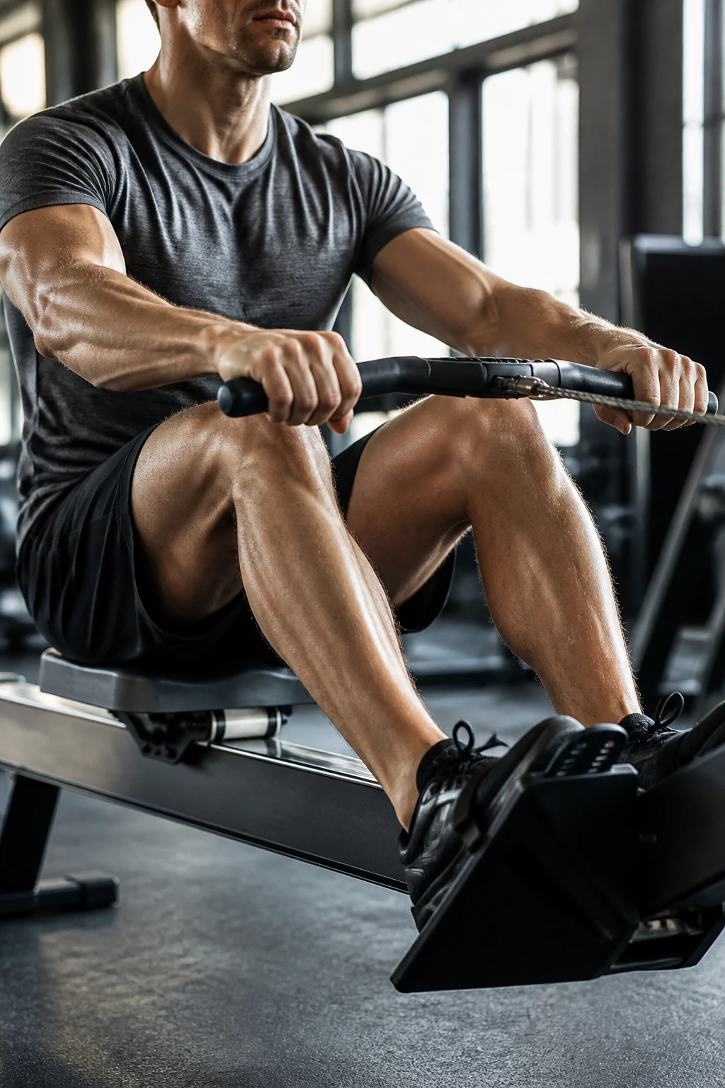Medium close-up of a person rowing on a machine in a gym, showing full-body engagement
