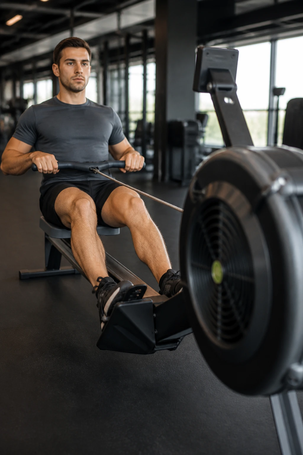 Rowing machine in gym with user using it at a steady pace