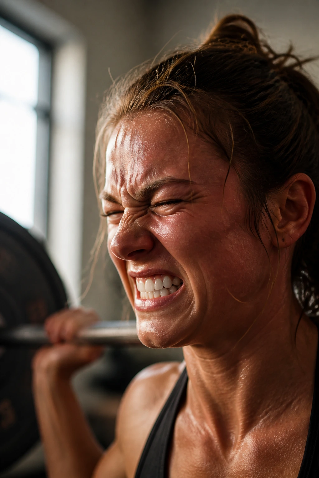 Close-up of a lifter's exerted face during a hard set in a gym