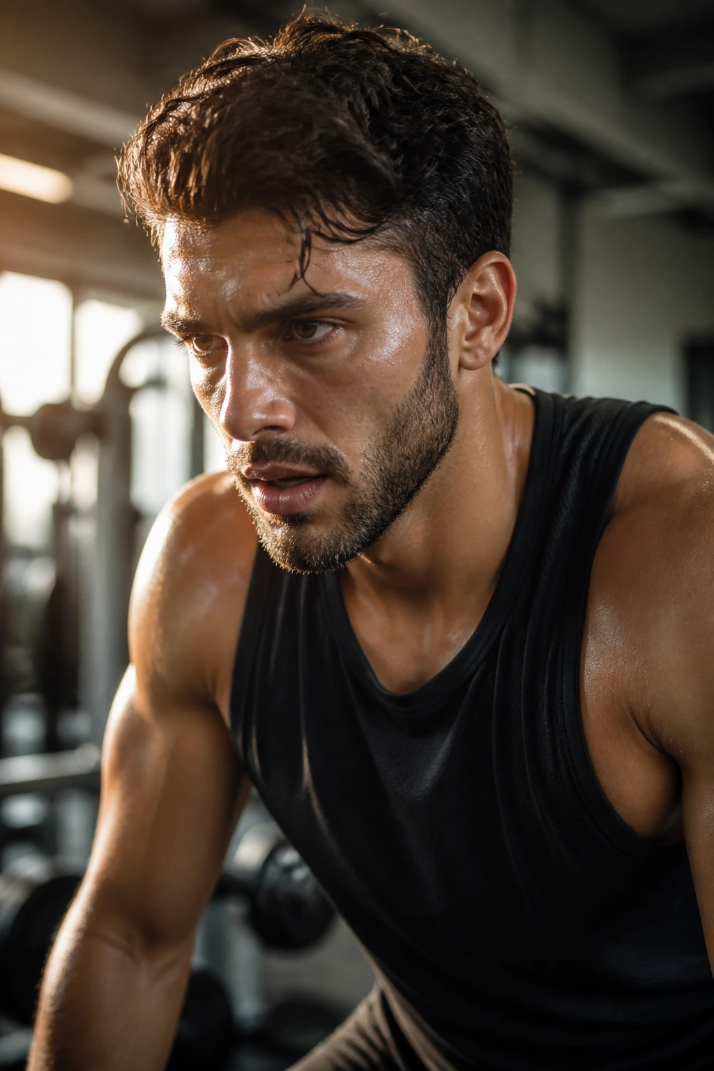 Close-up of lifter's face showing effort during a workout