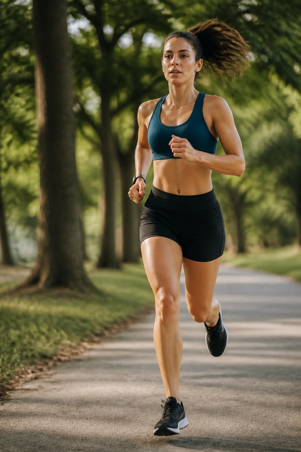 Runner mid-run in a park showing strength and form