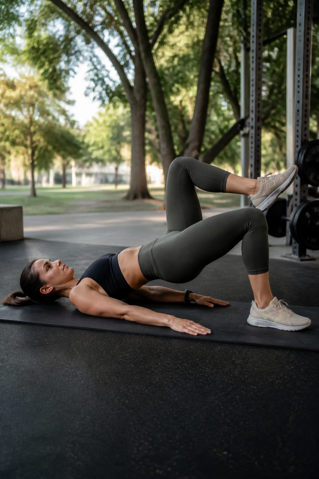 Runner performing marching bridges to improve hip stability.