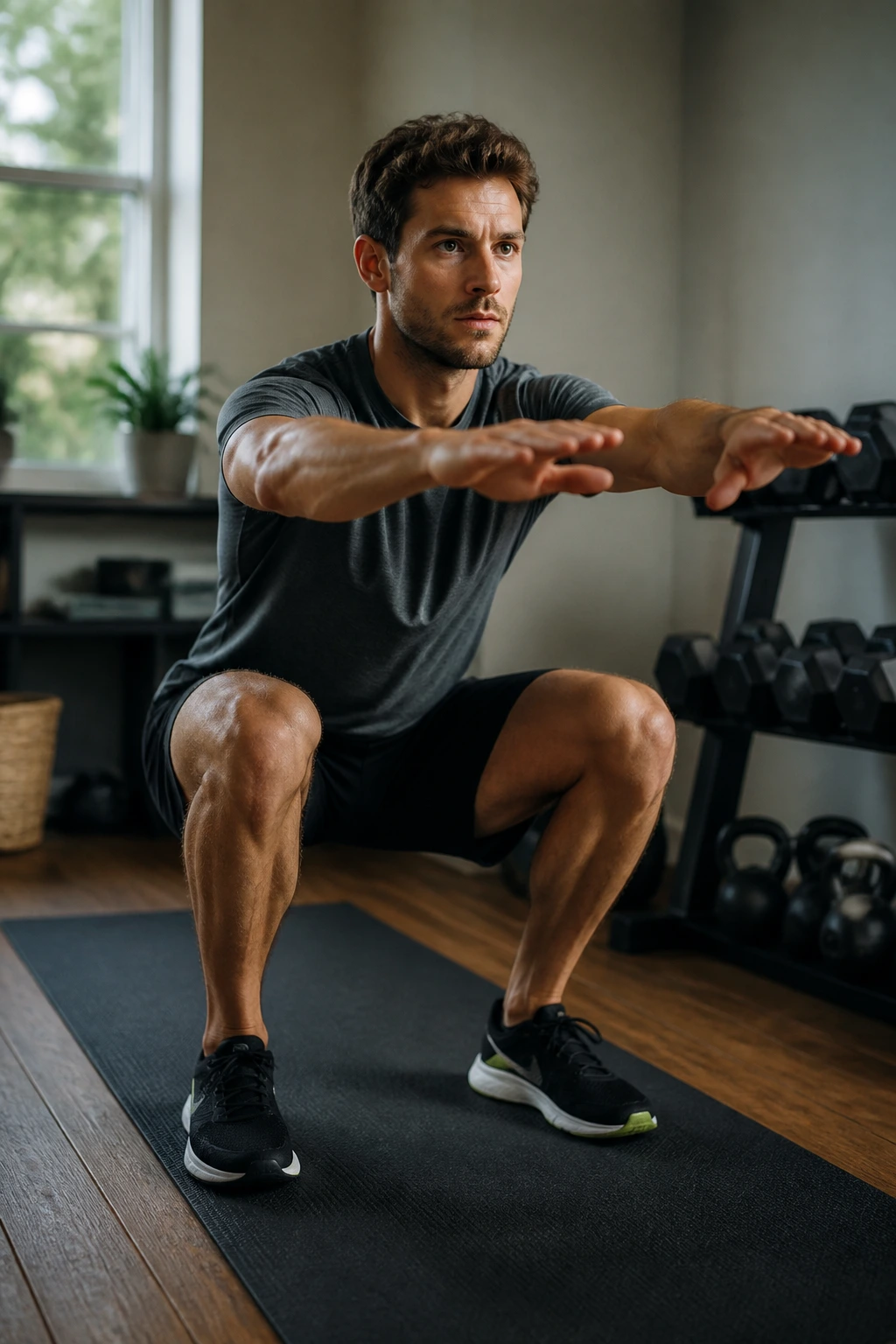 Close-up of a runner doing a controlled squat in a home gym, illustrating maintenance plan for runners