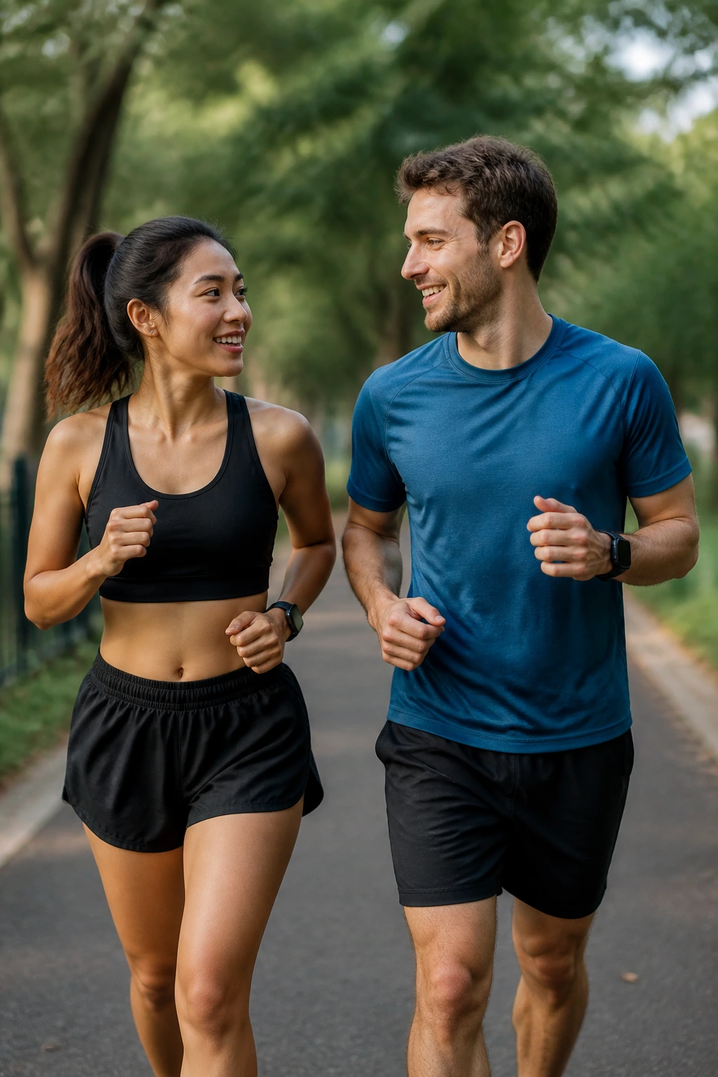 Two runners side by side chatting while running on a park path