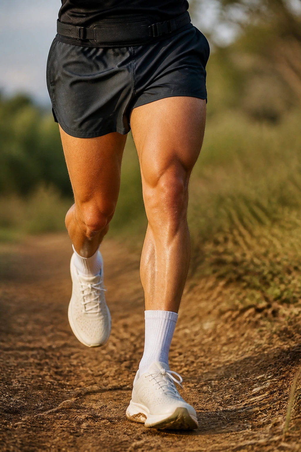 Close-up of a runner's legs wearing plain socks and shorts on an outdoor trail