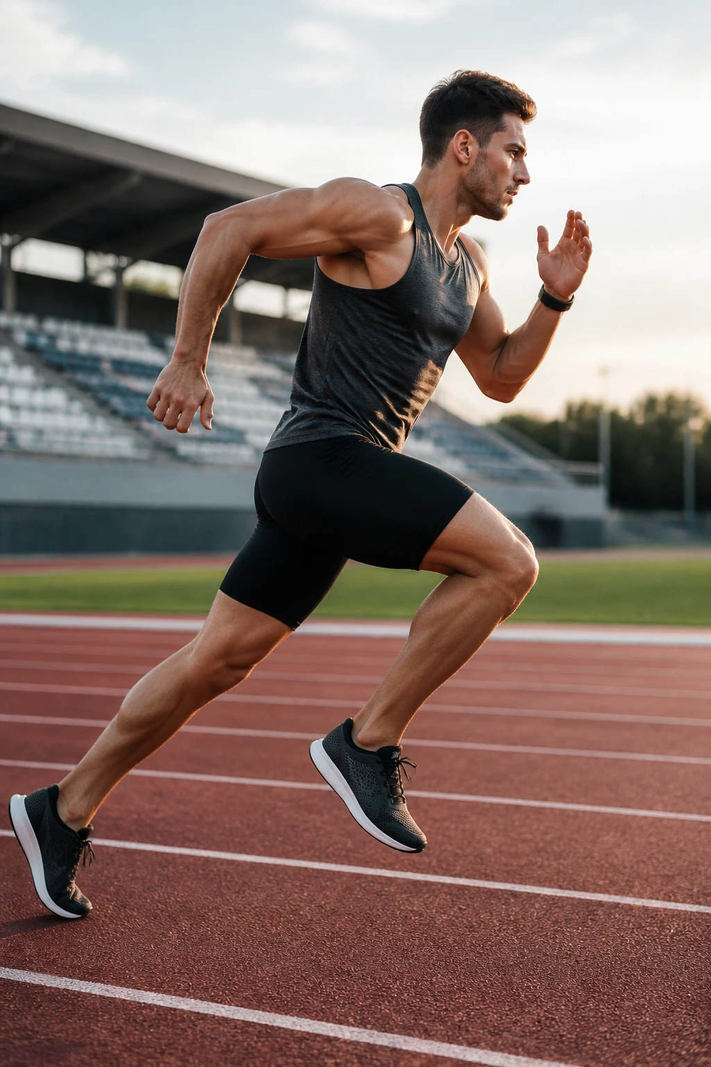 Runner in side profile sprinting on a track