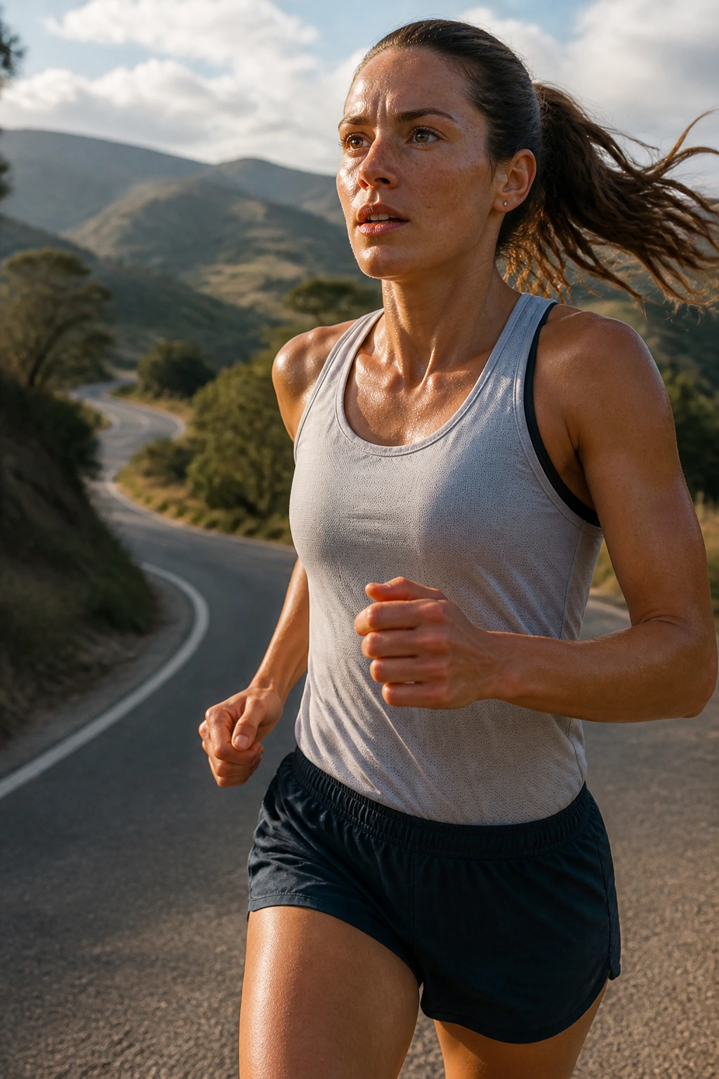 Runner on a winding road with hills, practicing terrain similar to race