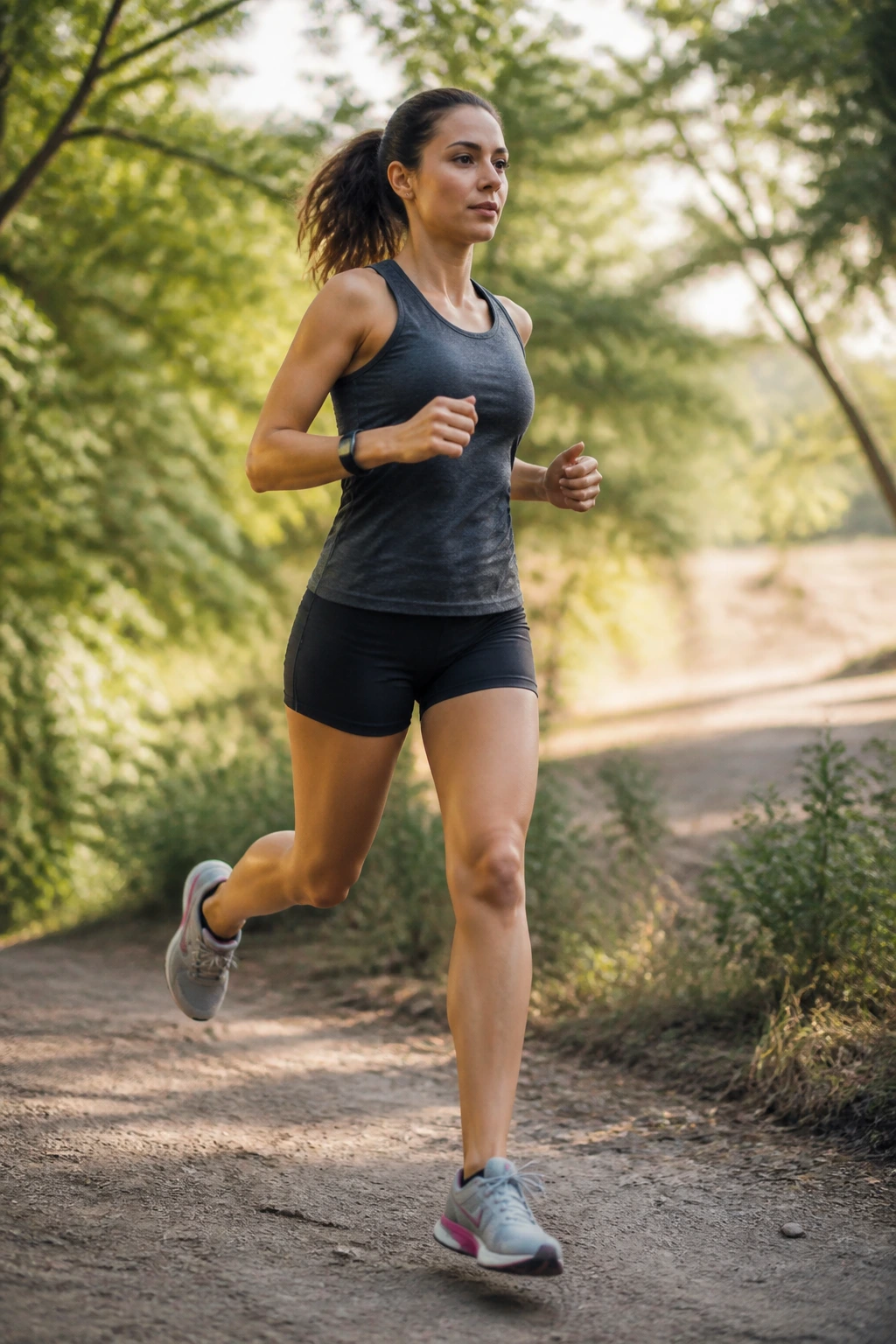 Runner woman mid-stride on an outdoor trail