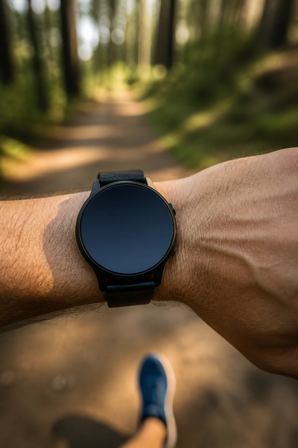 Close-up of runner's wrist with a blank watch dominating the frame on an outdoor trail