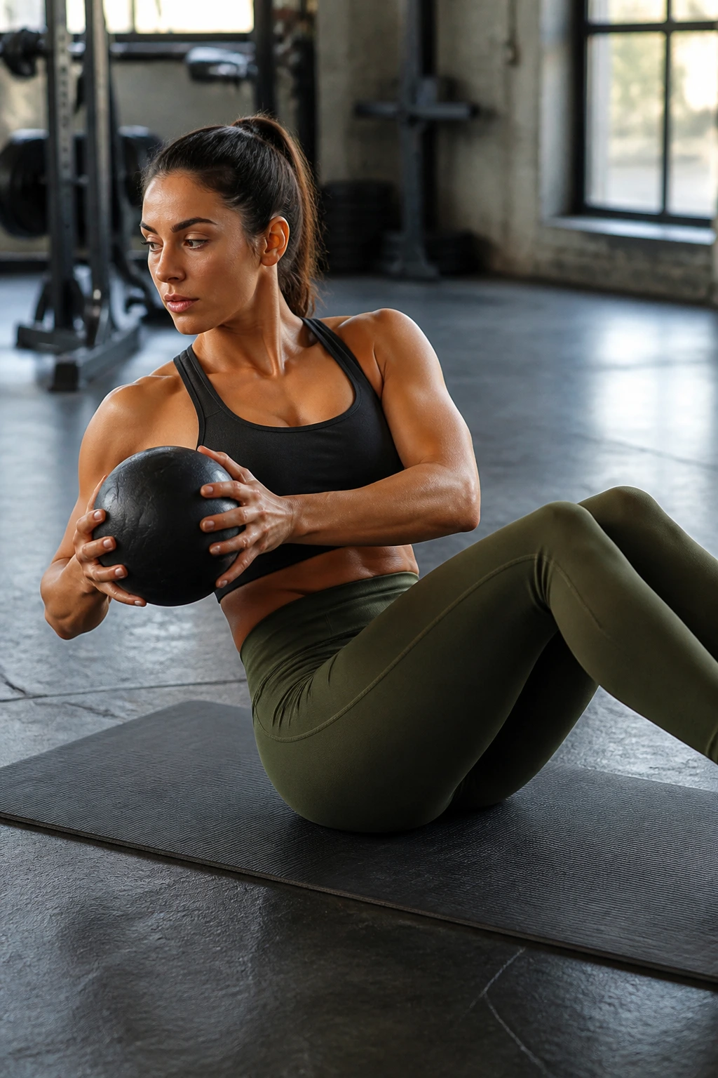Seated Russian twist with a weight held at the chest, torso rotated