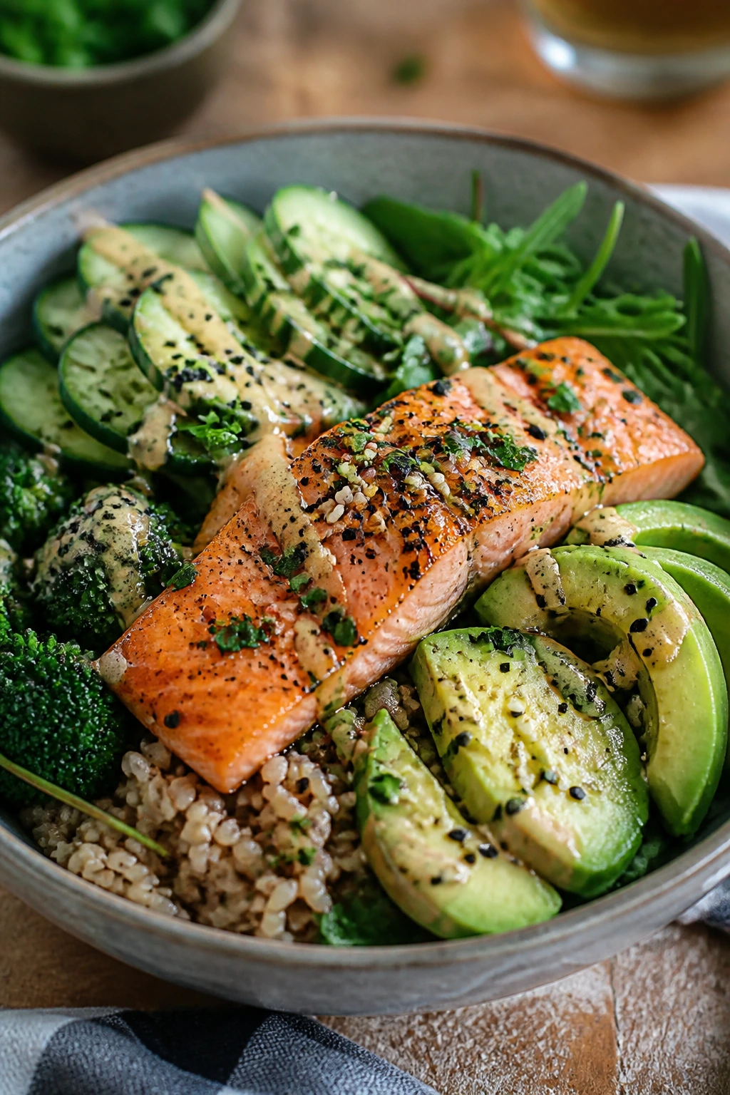 Salmon grain bowl with rice, salmon, cucumber and avocado