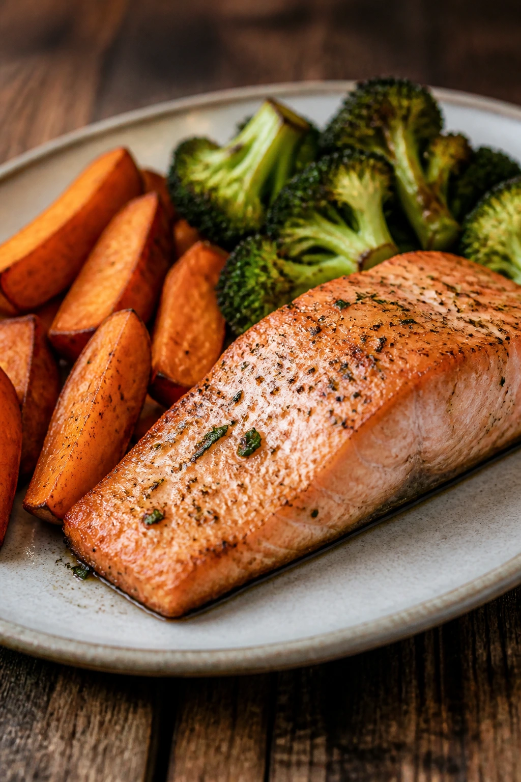 Plate of salmon, sweet potato, and broccoli