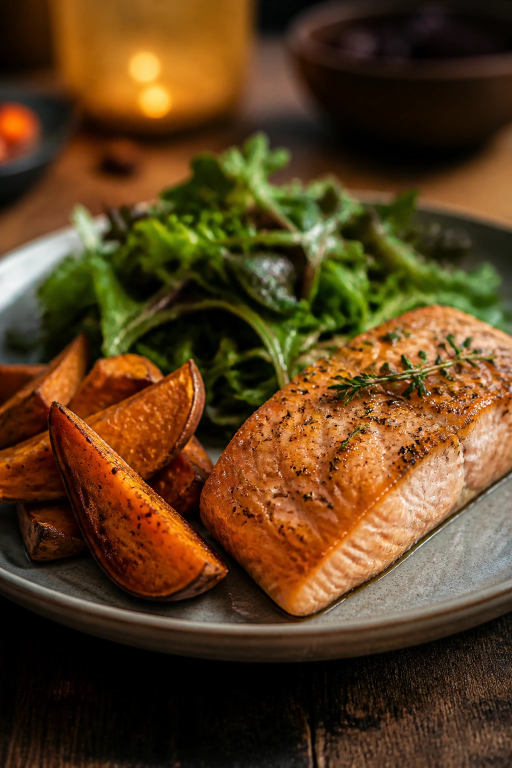 Close-up of salmon with sweet potatoes and greens on a dark wooden table