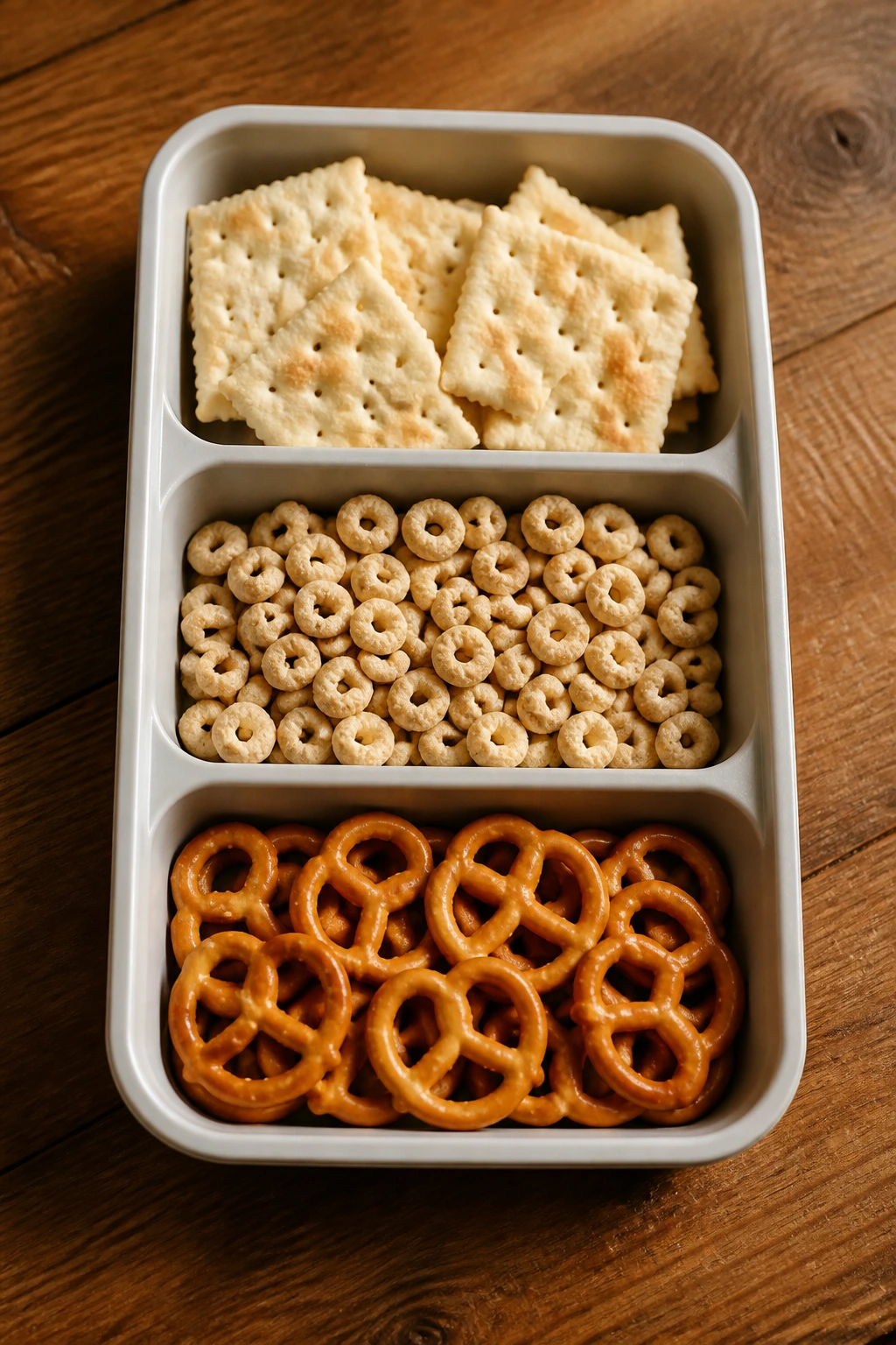 Overhead shot of a three-compartment snack tray with crackers, cereal, and pretzels