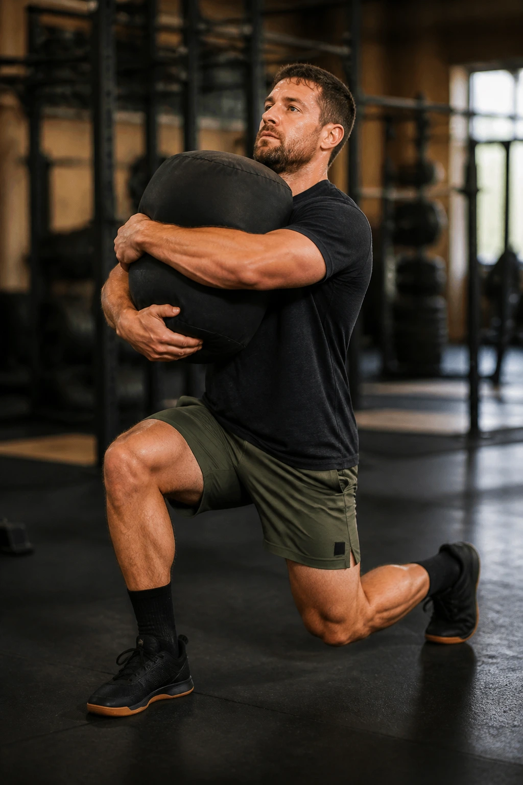 Mid-shot of athlete performing sandbag clean and reverse lunge