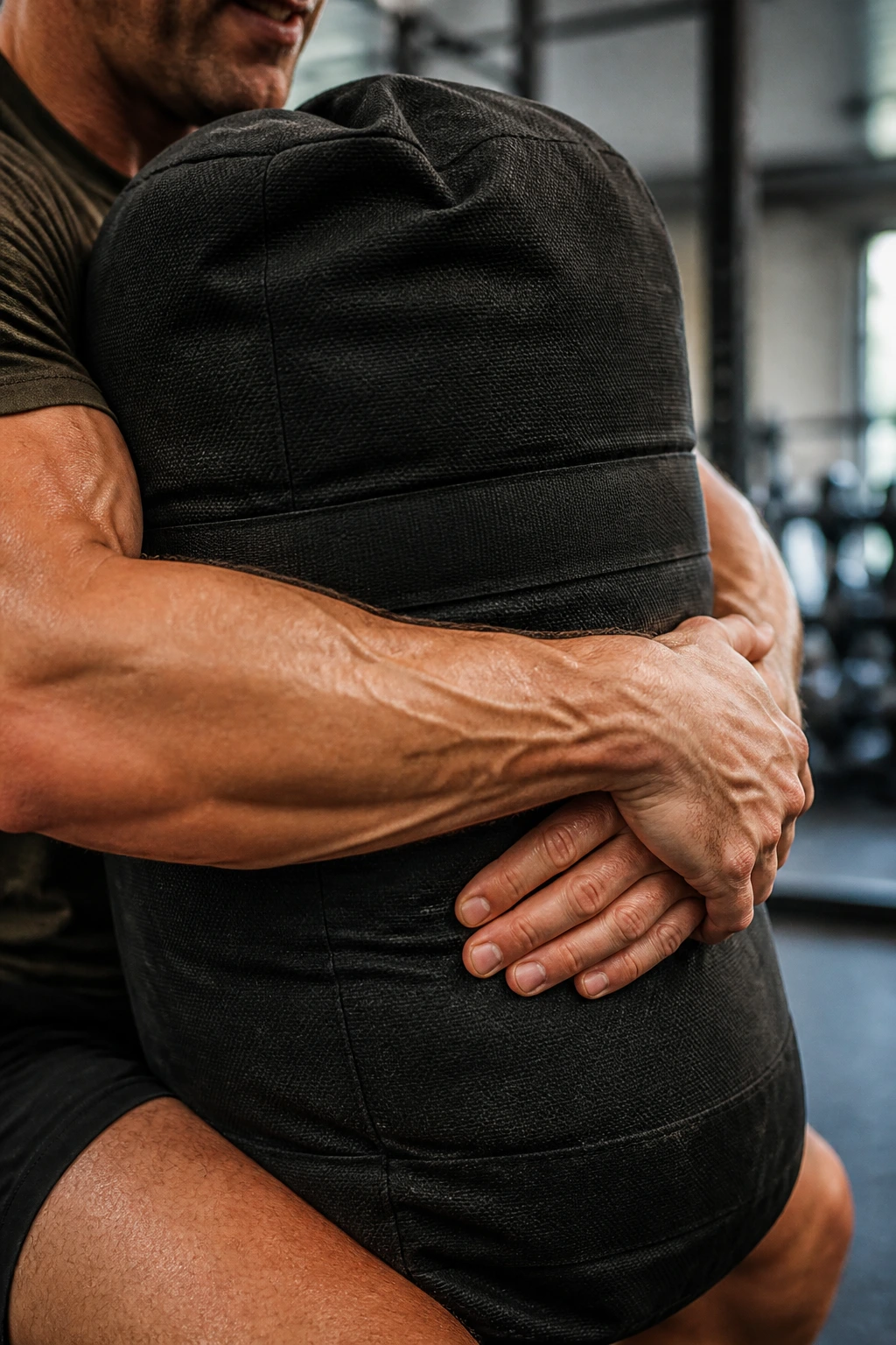 Athlete bear-hugging a sandbag in a gym setting.