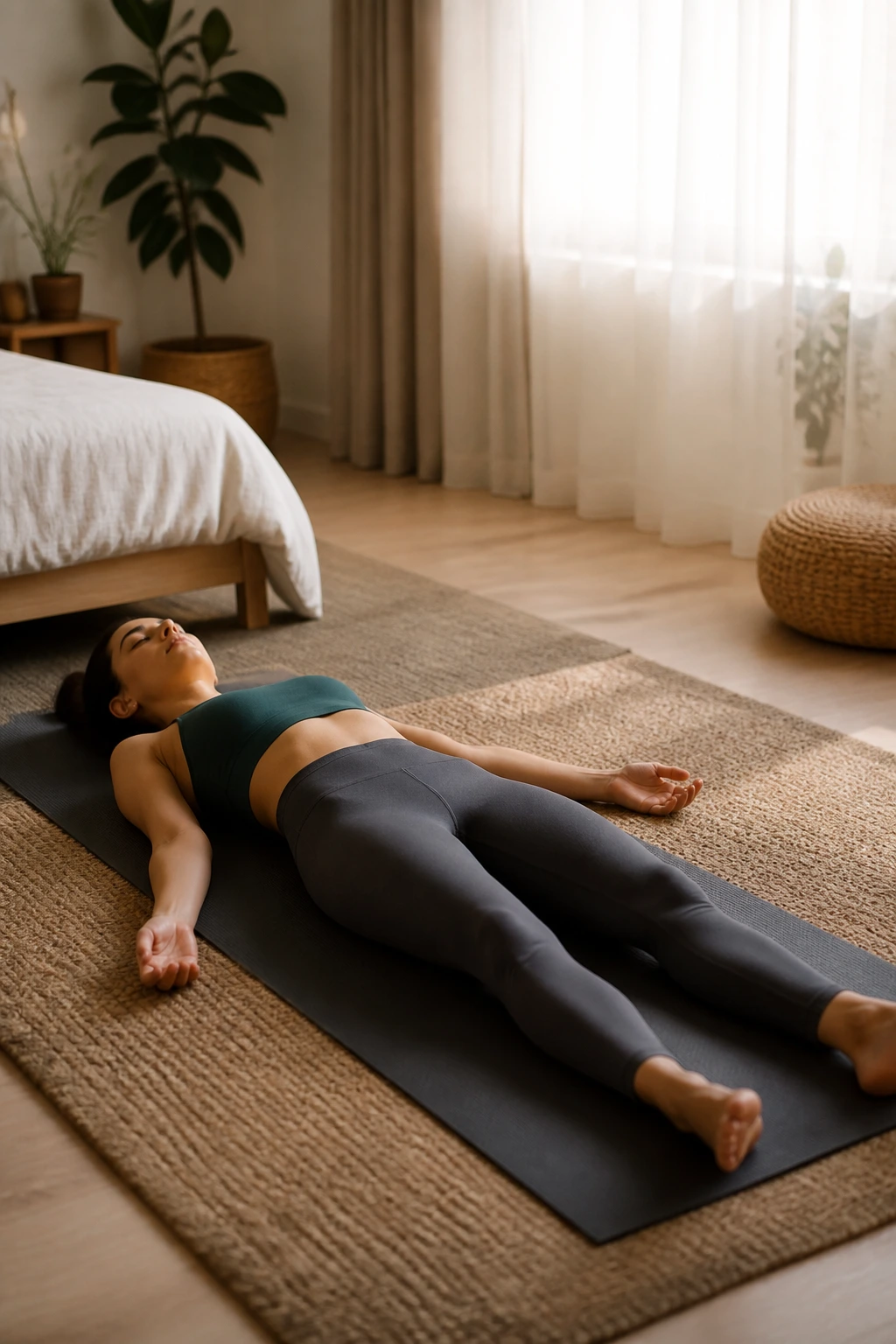 Person resting in savasana on a mat with soft light in a calm room