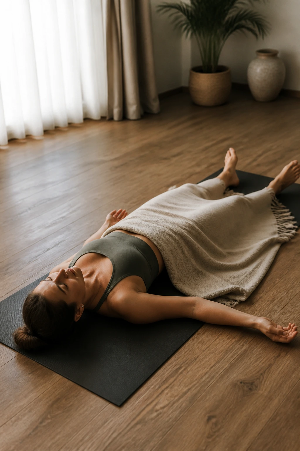 Real person lying in Savasana on a mat in a quiet home space