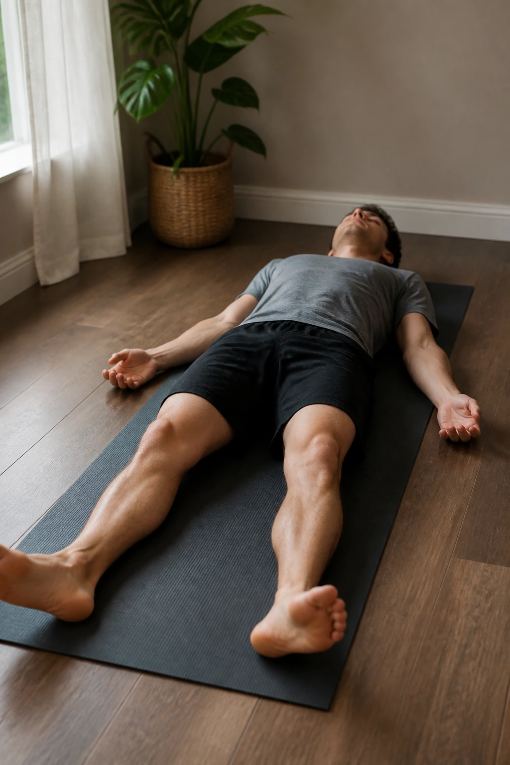 Real person in savasana on yoga mat in a calm indoor space