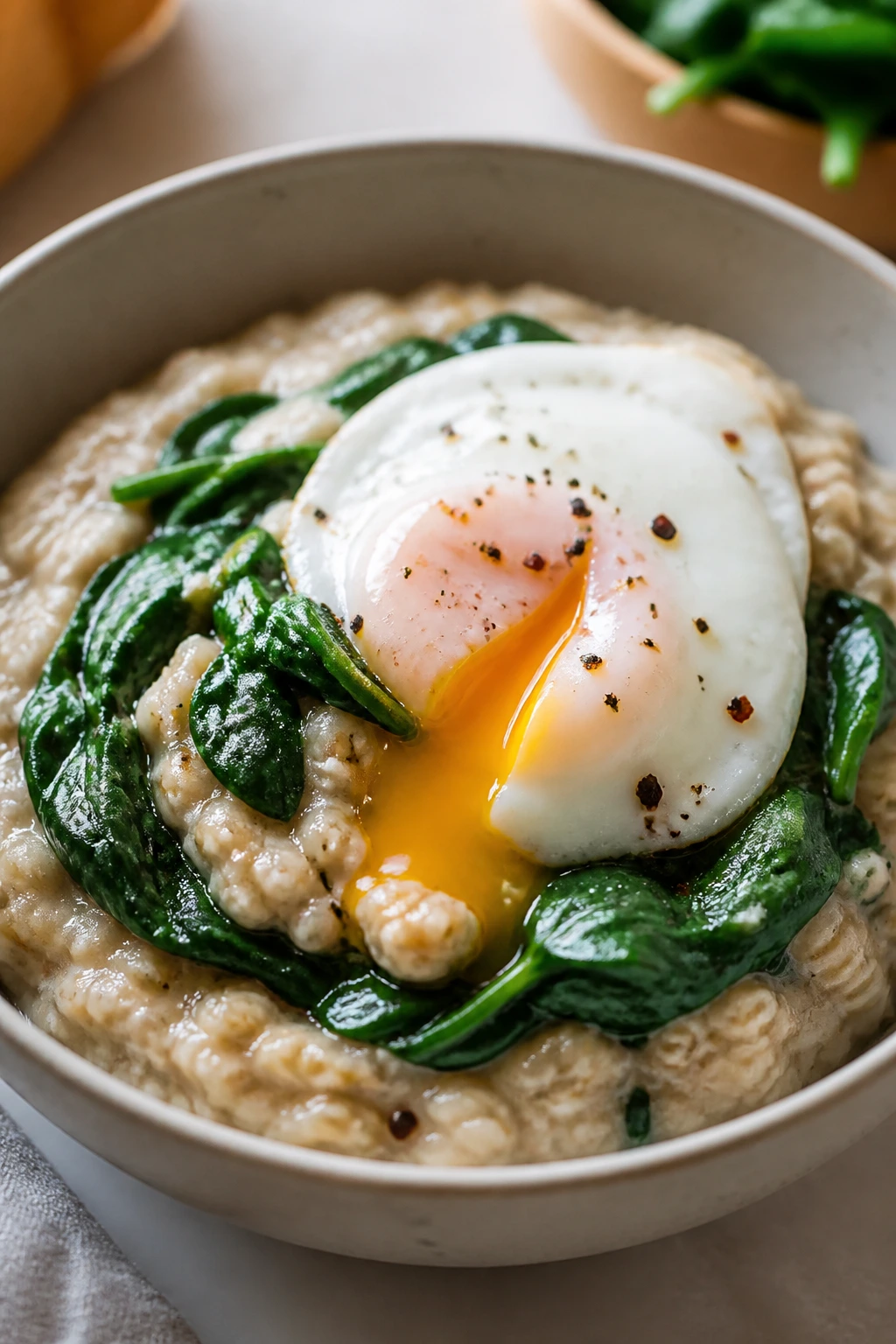Savory oats with egg and spinach in a bowl