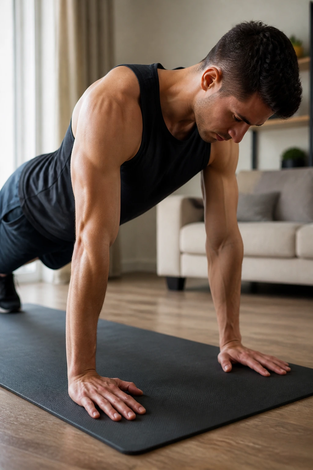 Scapular Push-Up: person in high plank emphasizing shoulder blade movement