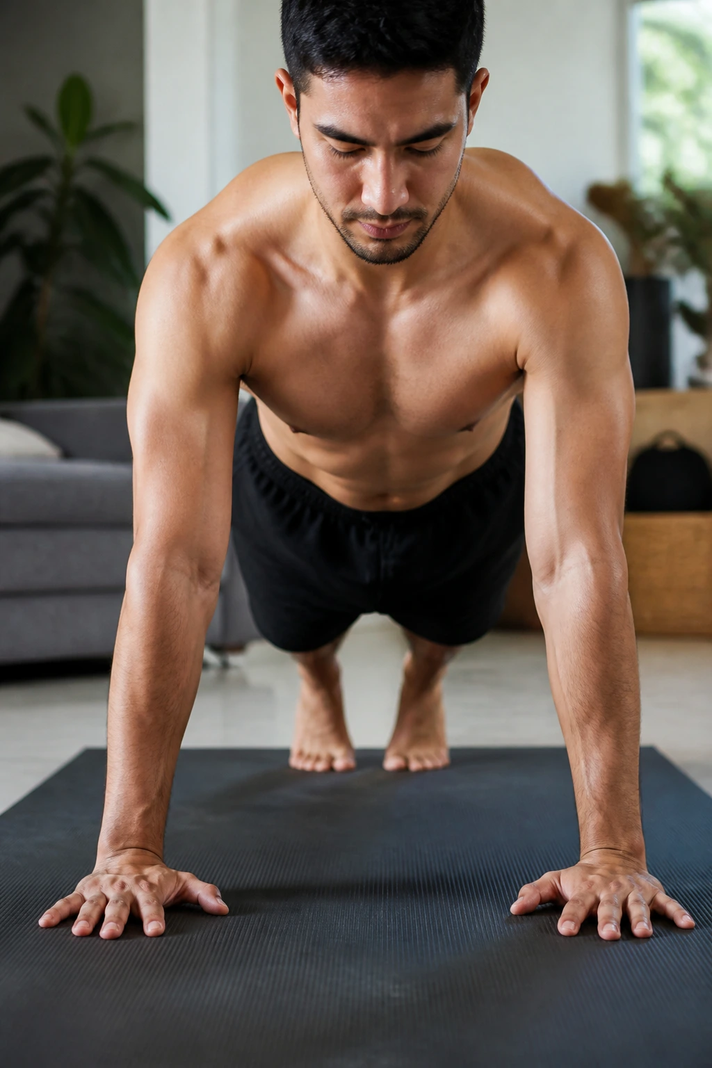 Real person performing scapular push-ups in high plank in a home setting