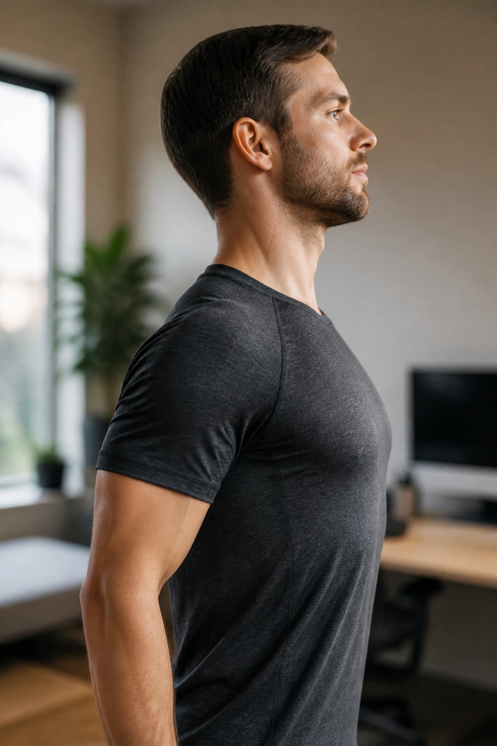 Person showing scapular retraction with shoulders pulled down and back in a home setting