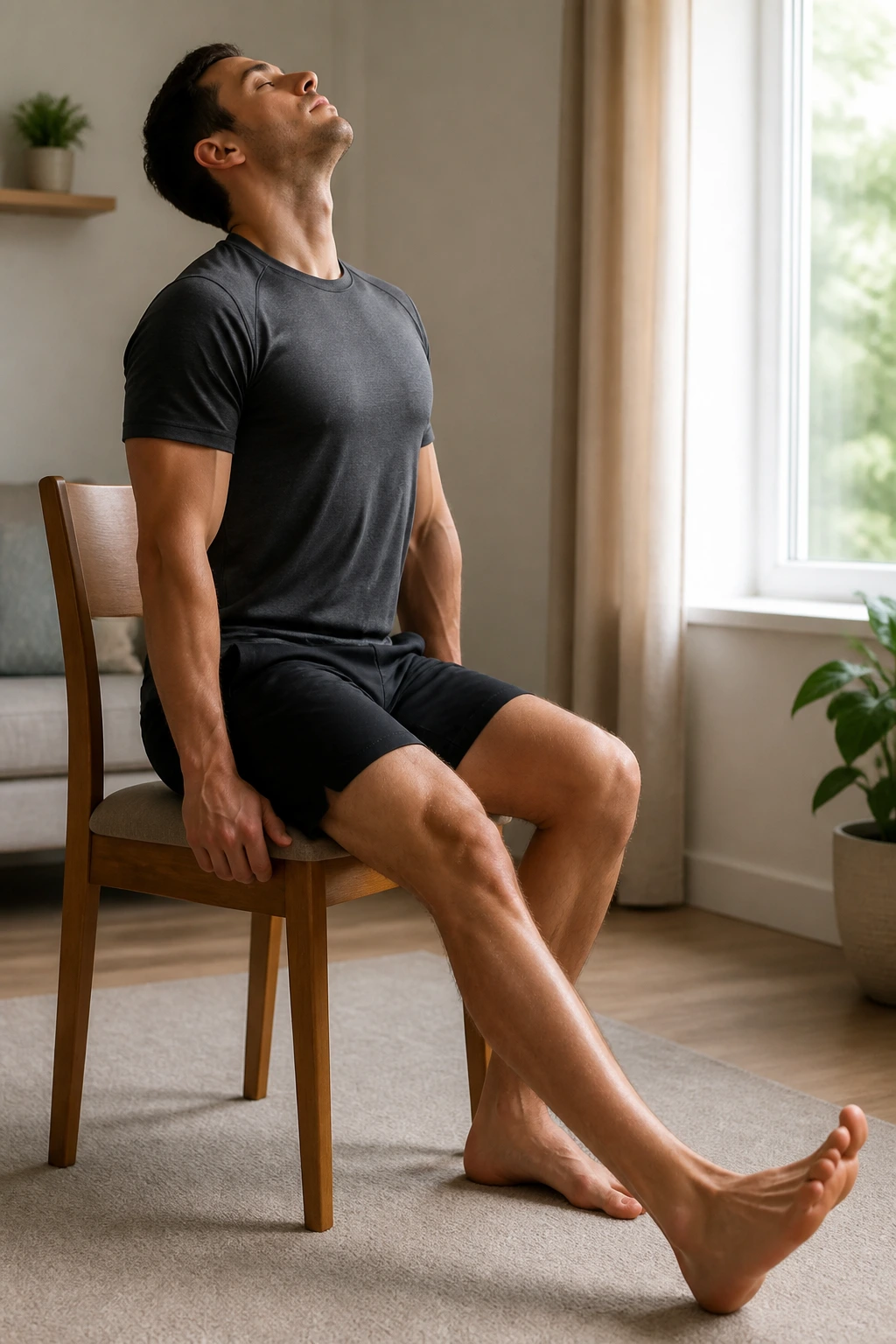 Real person performing seated sciatic nerve glide, leg extended, toes toward shin, head up