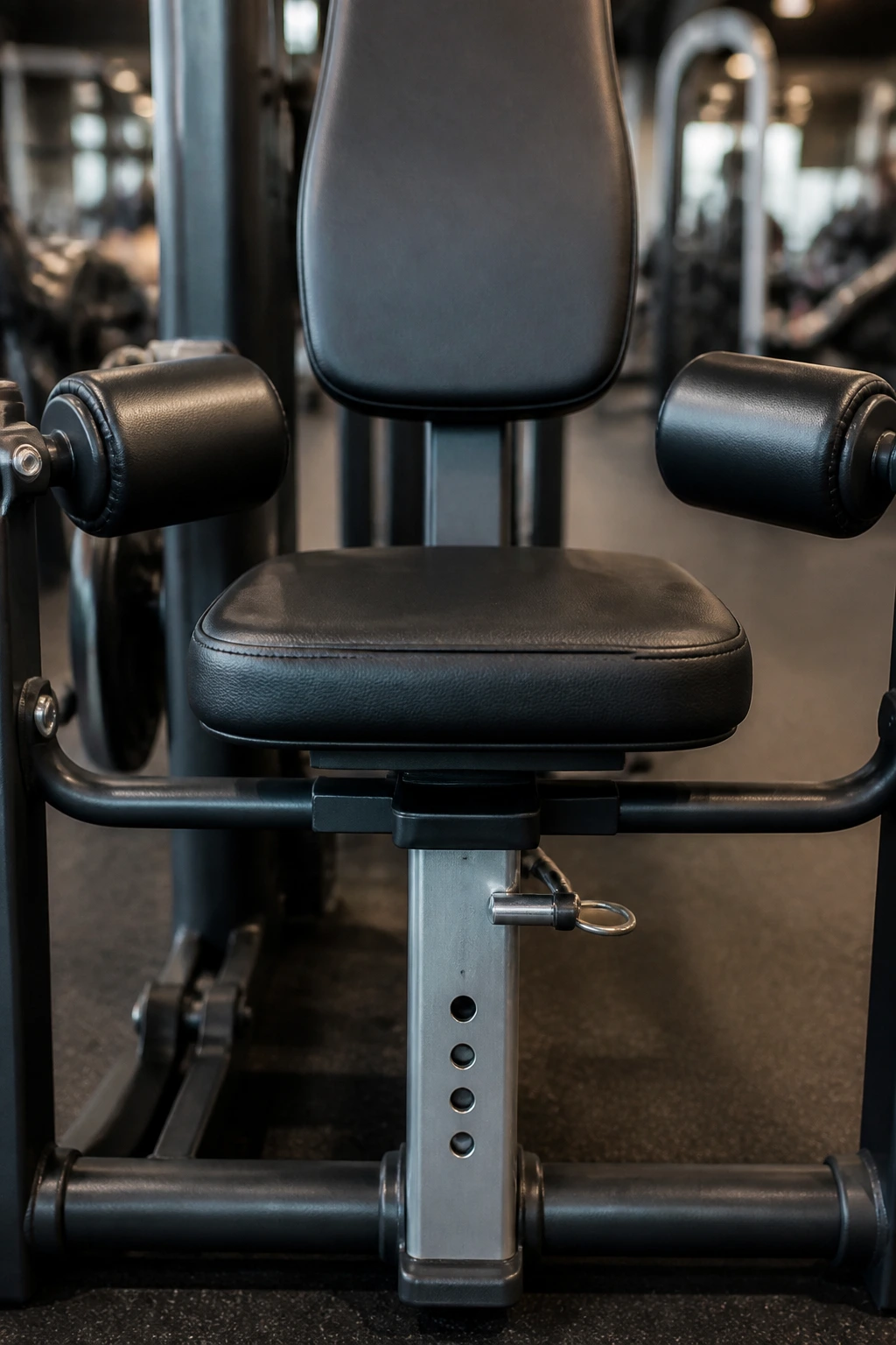 Close-up of gym machine seat, pads, and pin ready for adjustment.