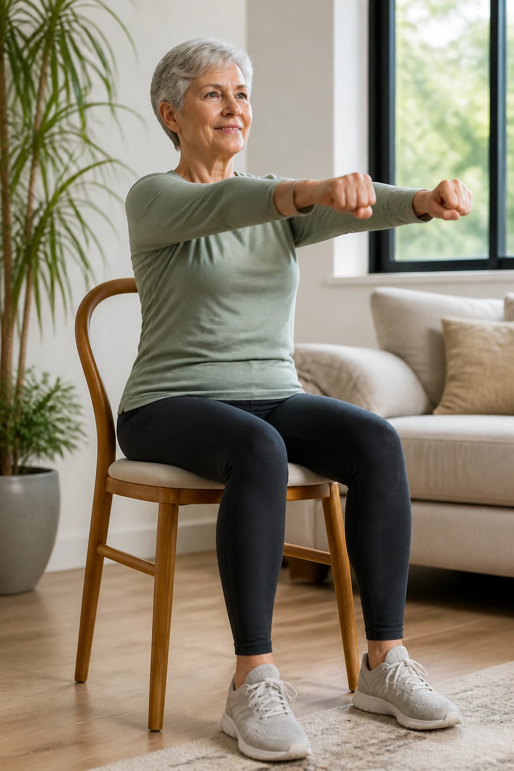 Real person seated performing arm circles and punches in chair