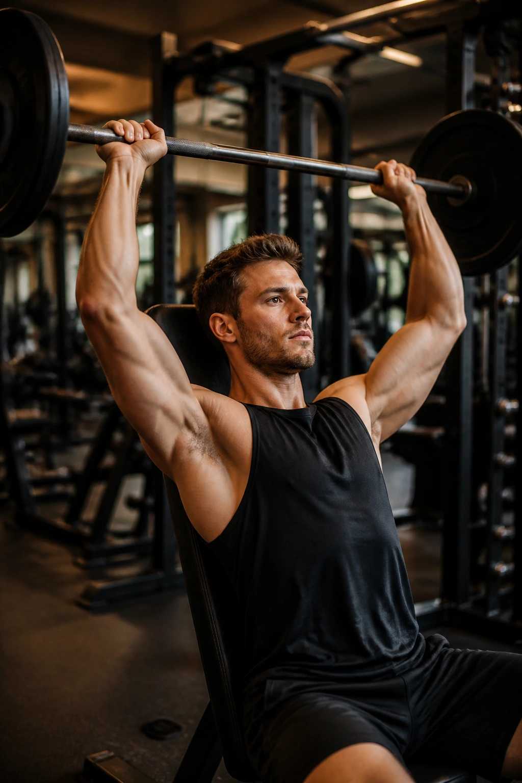 Portrait of a lifter seated and pressing a barbell overhead in a gym.