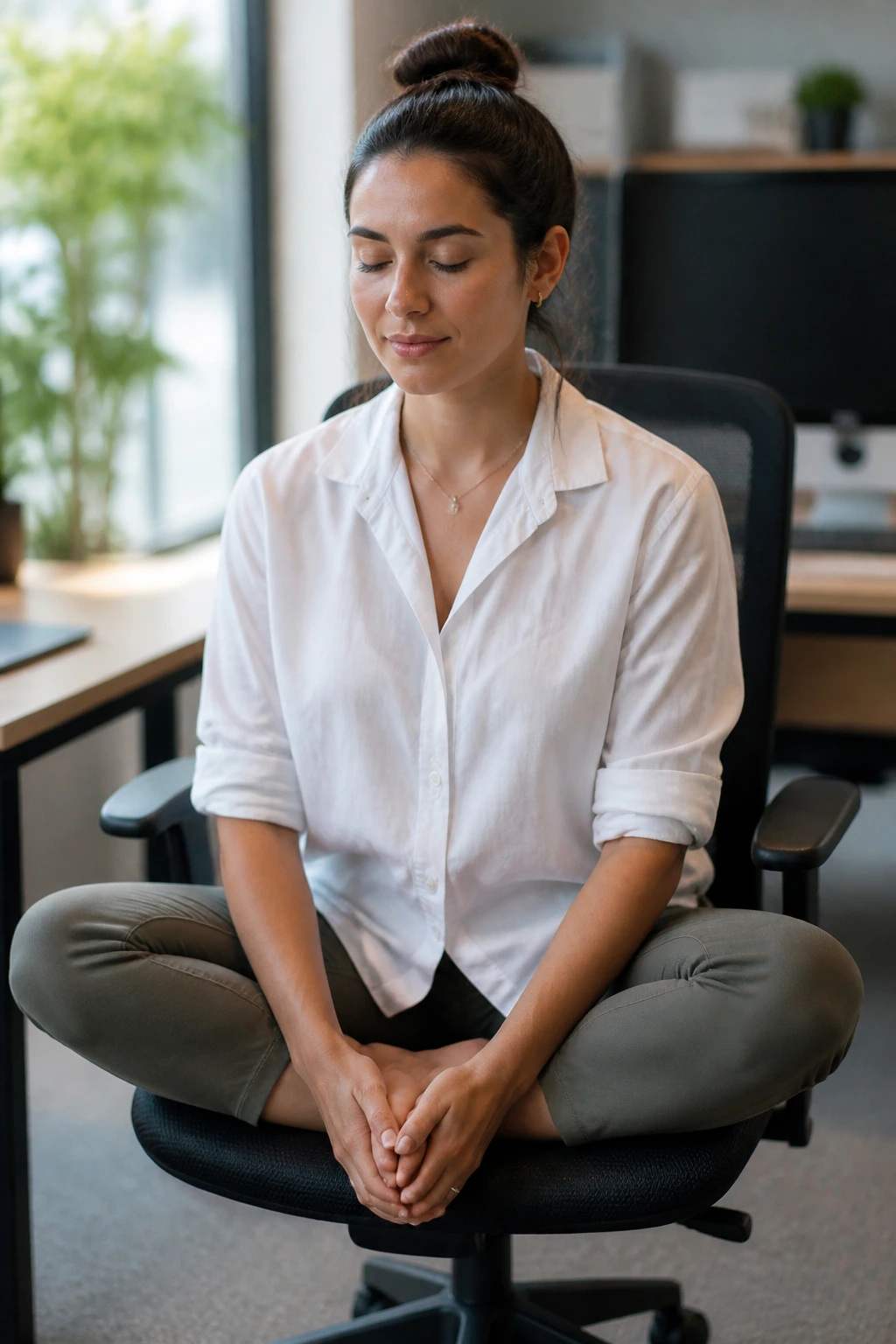 Seated Bound Angle stretch at desk