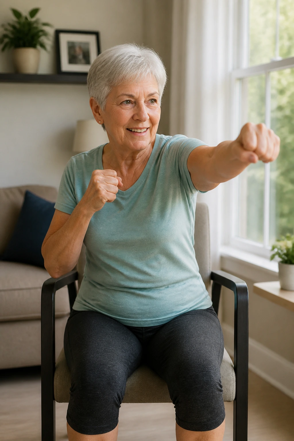 Real person seated boxing interval in a chair performing jab-cross motions.
