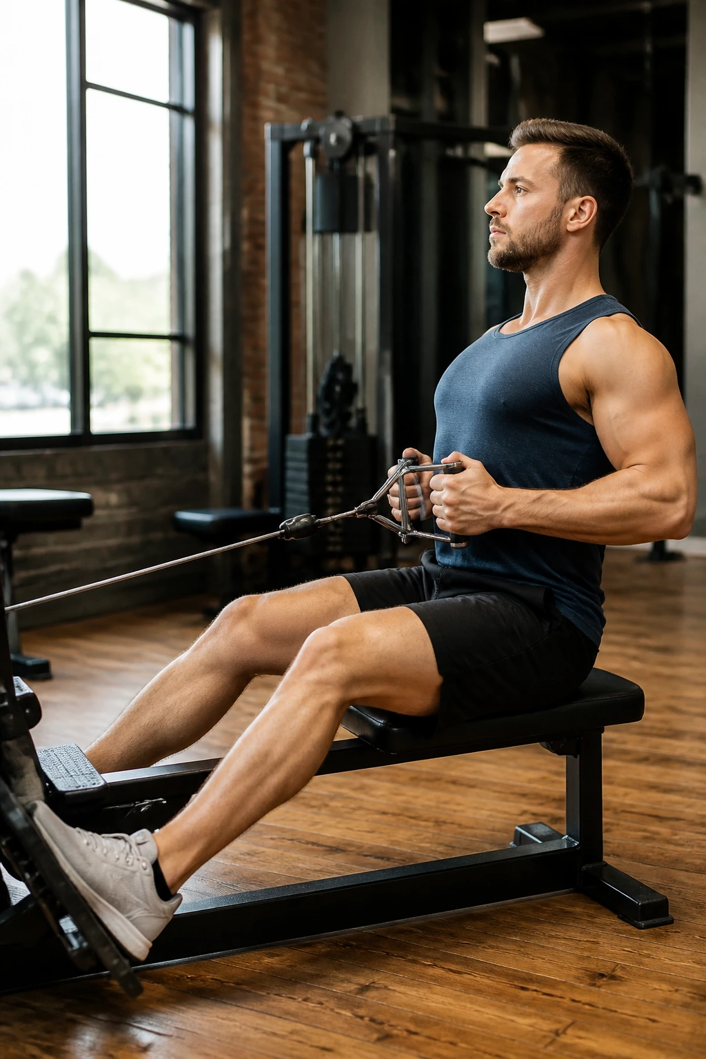 Person performing seated cable rows with a pause at end range.