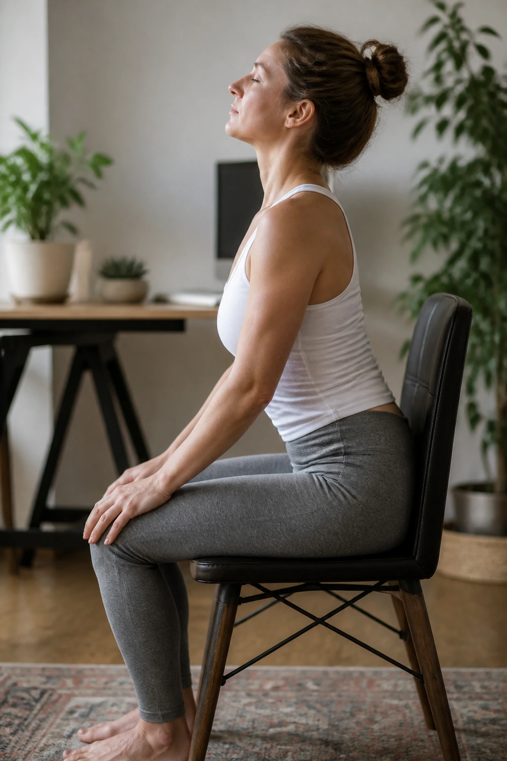 Medium close-up of seated person performing seated cat-cow on a chair