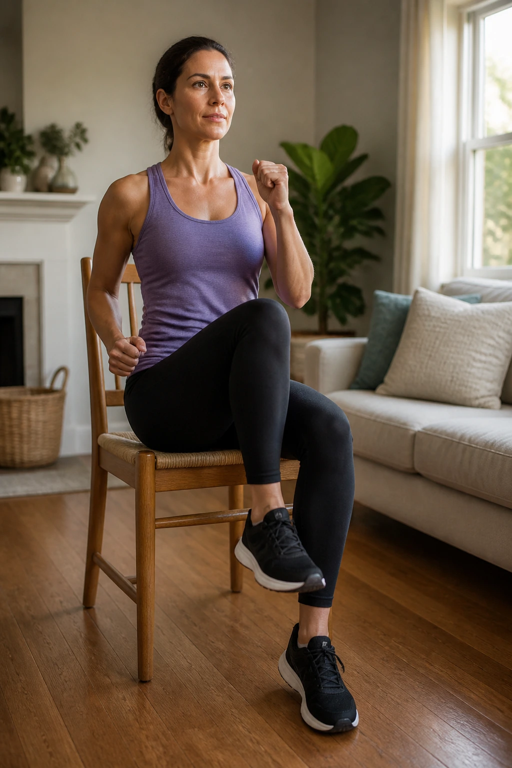 Medium close-up of a real woman performing seated chair-march cardio in a cozy living room